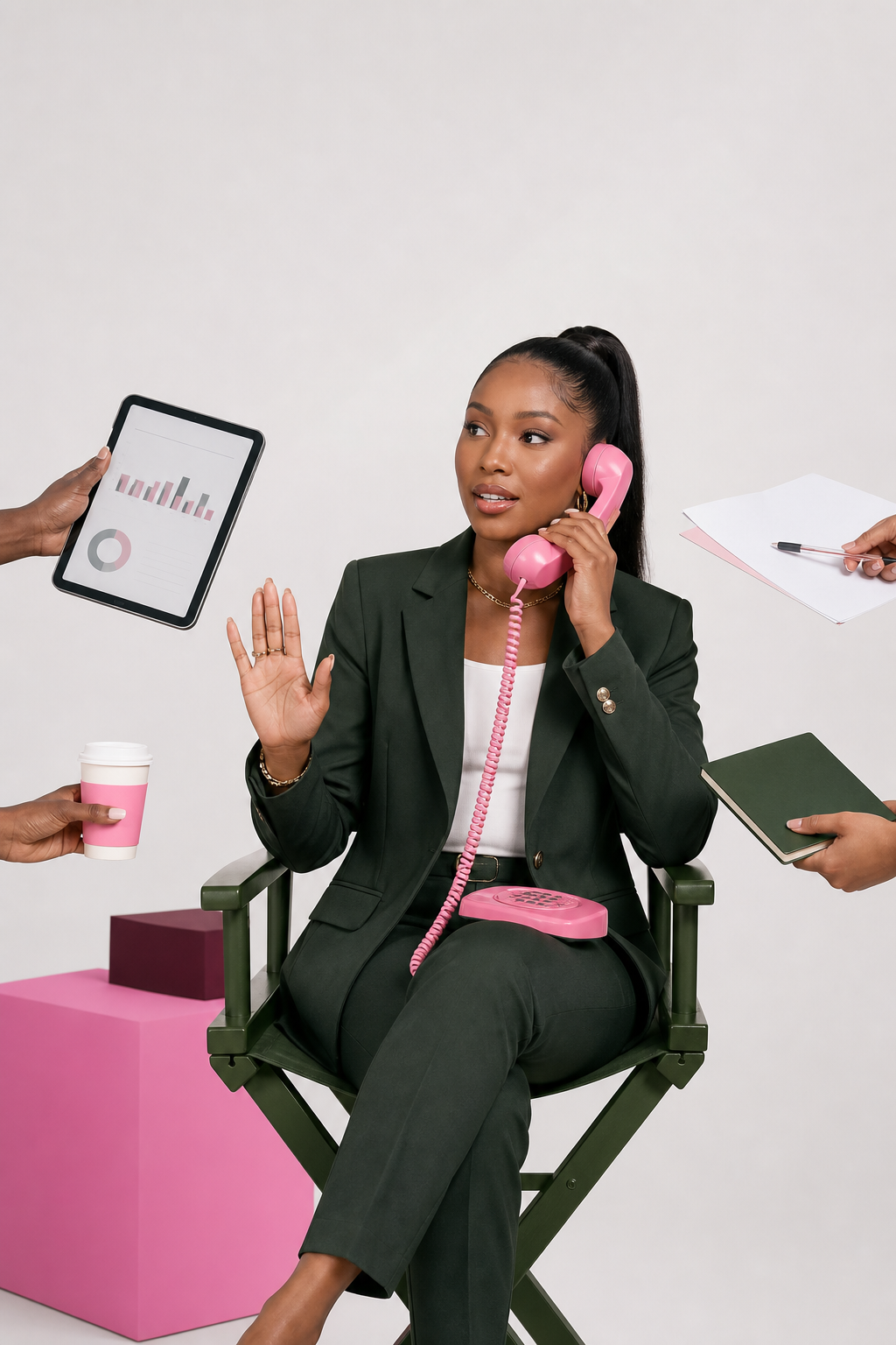 A composed business owner calmly directing several work demands